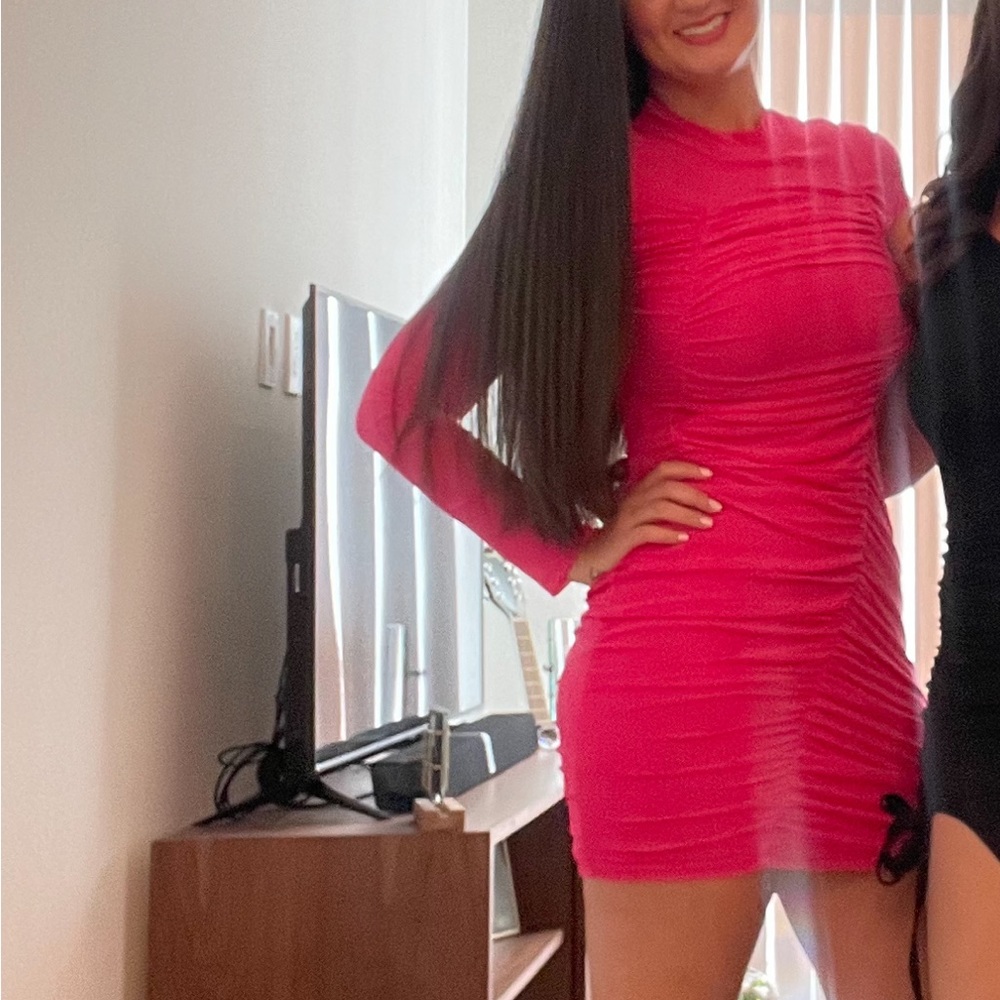 Barbie pink ruched mesh mini dress